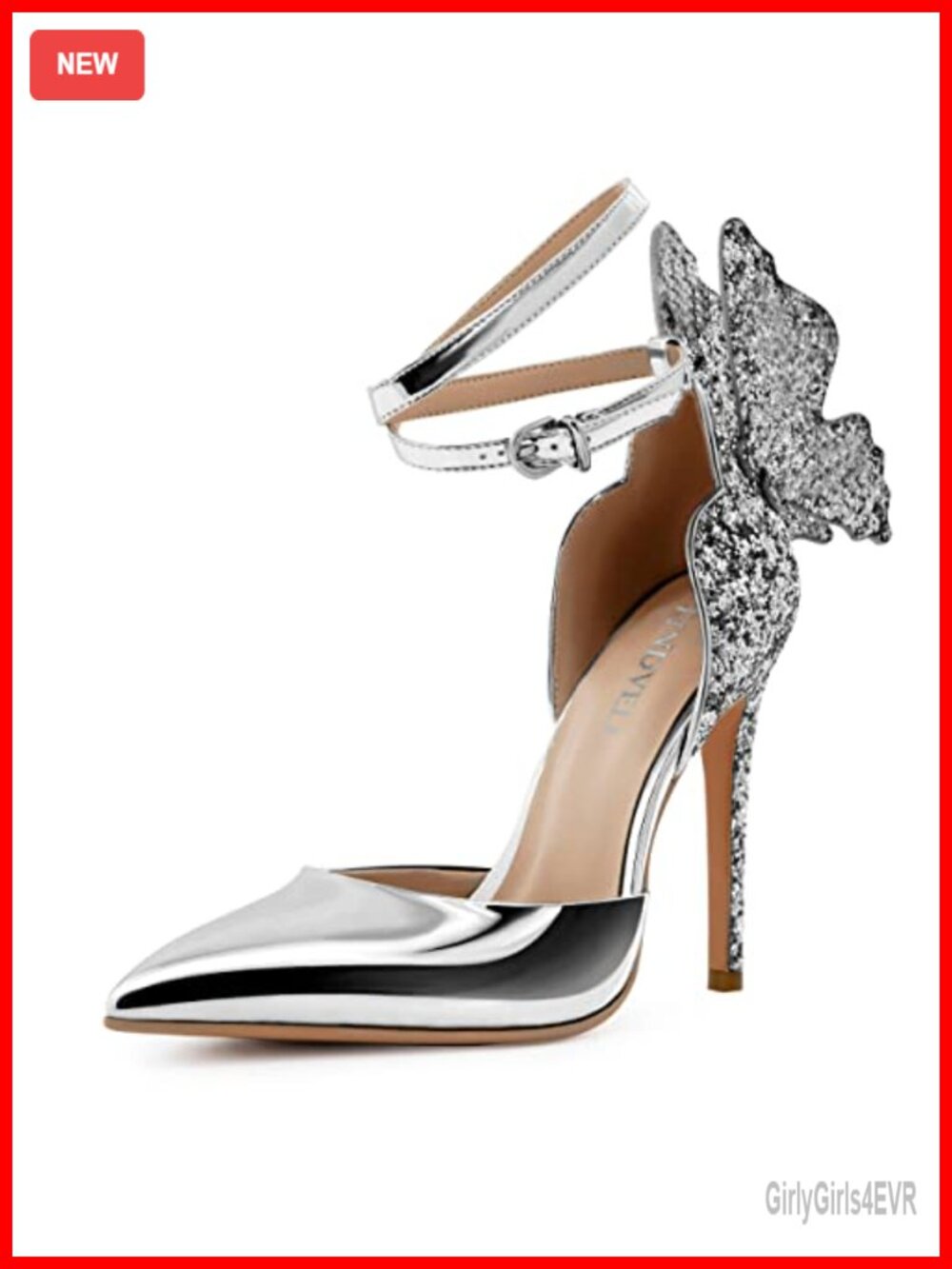 Butterfly Ankle Strap Faux Leather Stiletto Pumps Pointed Toe 4.52in Heels